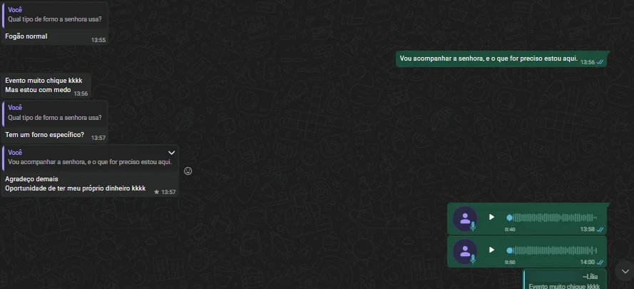Conversa da aluna Lília no WhatsApp