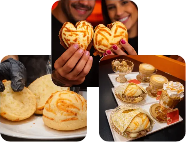 Pão de queijo recheado em vários formatos e sabores do método